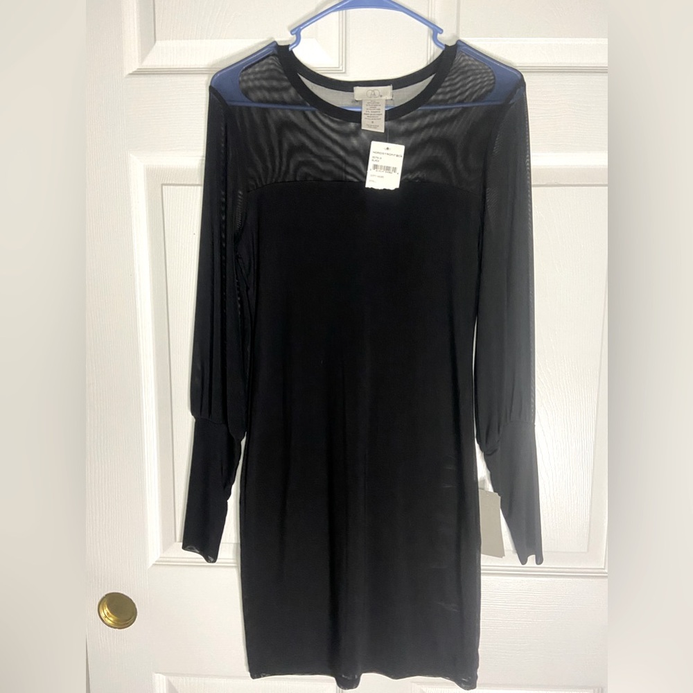 NWT CAD Black Mesh Sleeve Sheath Dress Small Cocktail Evening Dress small